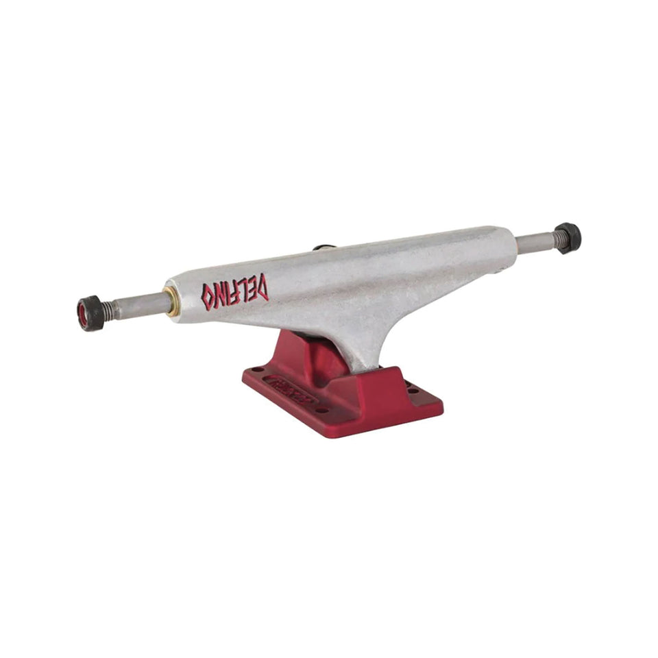 An Independent Truck Stage 11 Hollow skateboard truck with polished silver hanger, anodized red baseplate, white cushions, and black hardware.