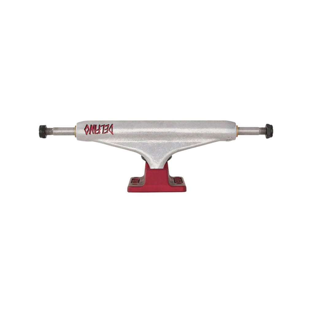Independent Skateboard truck Delfino with silver top and red baseplate.