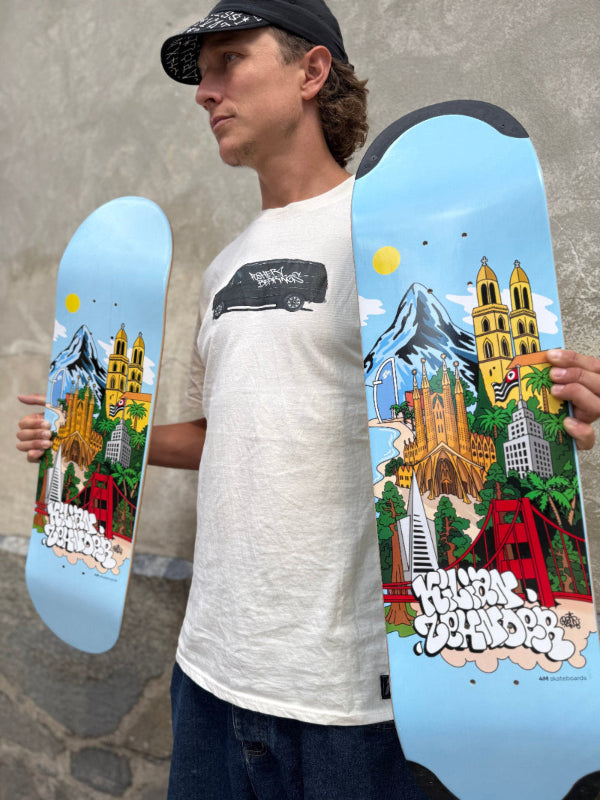 Pro skater Kilian Zehnder showing his new pro model, skateboard deck 'cities', in two variants, one with TIPtech and one classic (without TIPtech).