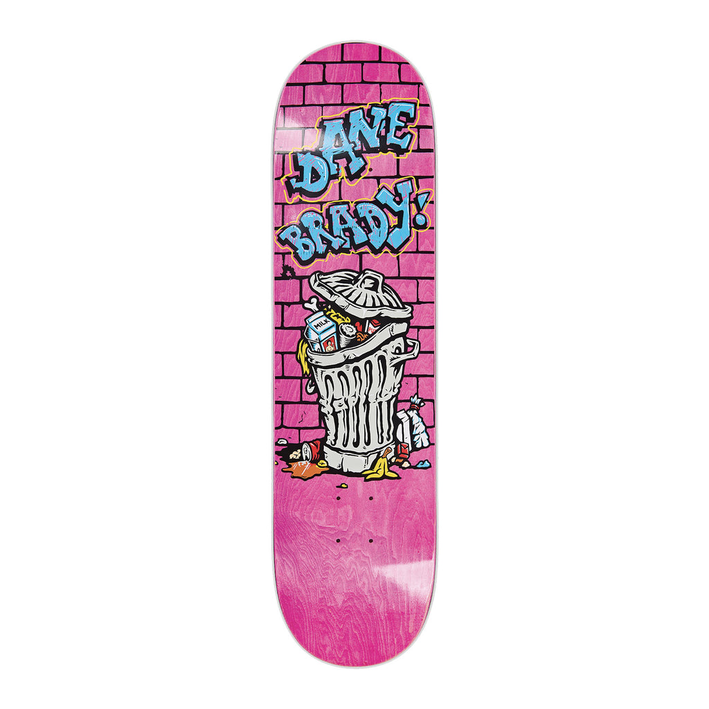 Polar skateboard deck for pro-rider Dane Brady, with a pink brick wall design and cartoon trash.