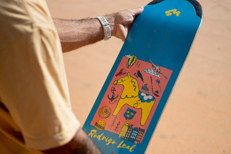 Pro Skater Rodrigo Leal with signature skateboard deck 4Msb Sverige Rodrigo Leal. Blue deck with yellow dala horse.