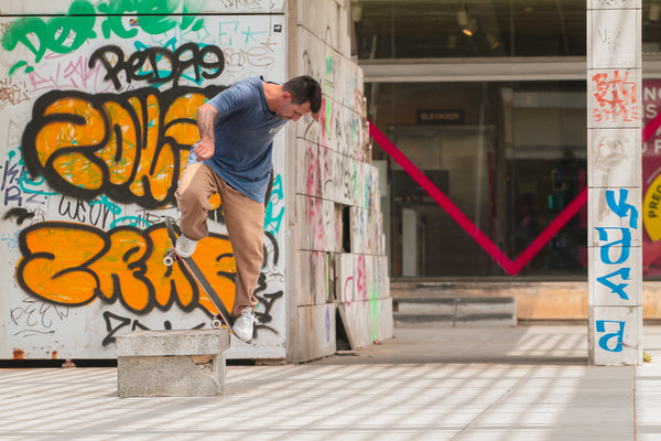 4Msb Pro skater Rodrigo Leal  doing a skateboard trick in Lissabon.
