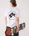 Skater seen from behind wearing 4Msb T-shirt Quatro in white with the black quatro logo on the back surrounded by the 4 M-words: Mind, Motivation, Movement, Mission. 4Msb fisherman beanie in the color olive. Holding 4Msb skateboard deck Collage Enelbrekt with TIPtech.