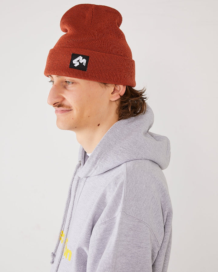 Skaterboarder wearing 4Msb cuffed beanie quatro rust and skateovation hoodie core heather grey.