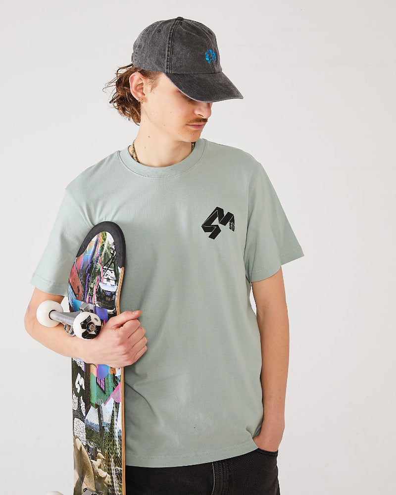 skater wearing a aloe green t-shirt with a 4Msb logo, a dad cap dala horse vintage black, holding a TIPtech skateboard Engelbrekt.