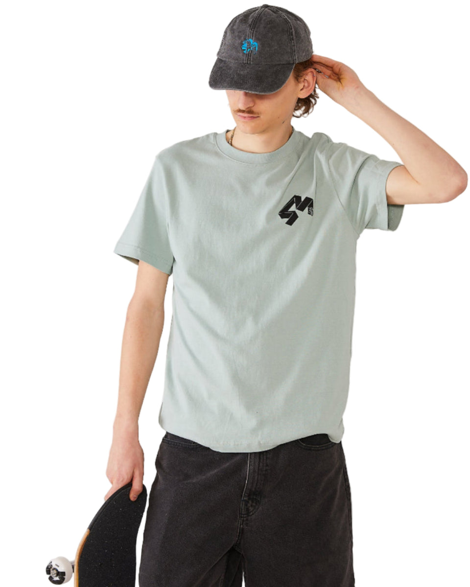 Skater wearing a light green 4Msb t-shirt Quatro and a dad cap dala horse vintage black.