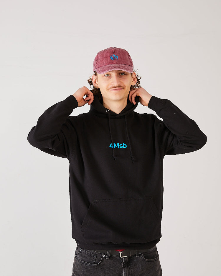 Skater facing forward wearing a 4Msb dad cap dala horse vintage red and a black 4Msb hoodie.