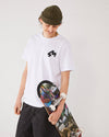 Skater wearing 4Msb T-shirt Quatro white, 4Msb fisherman beanie Edge color olive. Holding 4Msb skateboard deck Collage Enelbrekt with TIPtech.