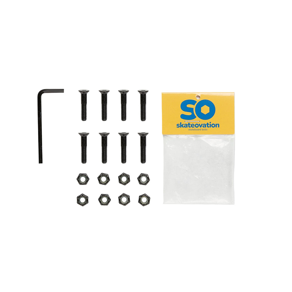 Skateovation hardware set. A small transparent bag with yellow and blue Skateovation SO logo contains 8 skateboard bolts, 8 nuts and 1 allen key.