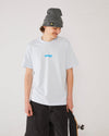 Skater wearing a light blue t-shirt with 4Msb logo and a grey SO cuffed beanie.