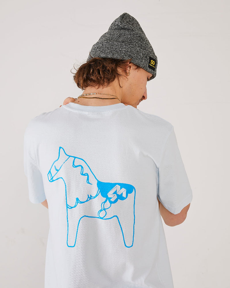 skater wearing a ice blue 4Msb t-shirt with a blue dala horse  on the back, and a grey skateovation cuffed beanie SO.