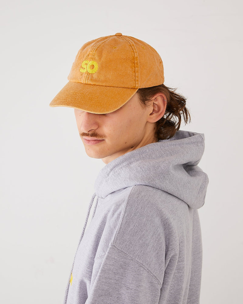 Skateboarder wearing a skateovation dad cap with the SO logo embroidered in yellow on the front, and skateovation hoodie core grey.