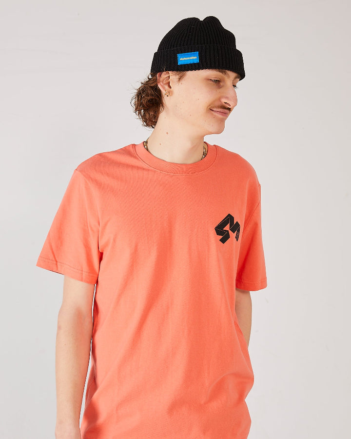 skater wearing a coral t-shirt 4Msb  Quatro fiesta red and a black skateovation harbour beanie Core 