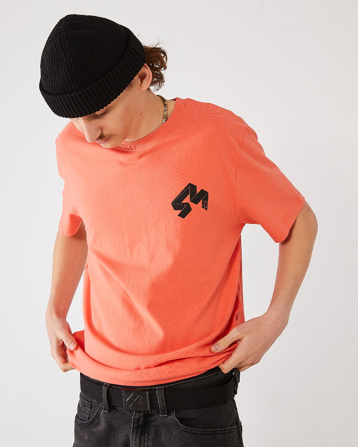 skater wearing a t-shirt 4Msb  Quatro fiesta red and a black skateovation harbour beanie Core 