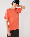 skater wearing a coral t-shirt 4Msb  Quatro fiesta red and a black skateovation harbour beanie Core 