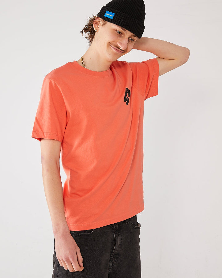 skater wearing a coral t-shirt 4Msb  Quatro fiesta red and a black skateovation harbour beanie Core 