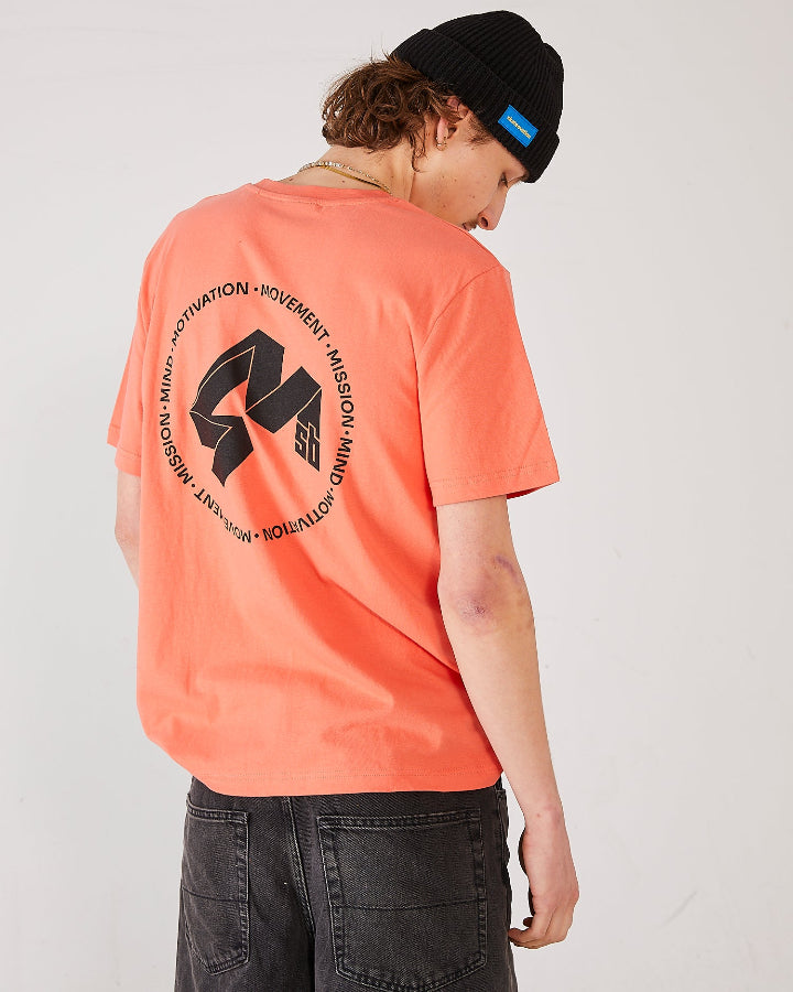 skater wearing a coral t-shirt 4Msb  Quatro and a black skateovation harbour beanie Core 