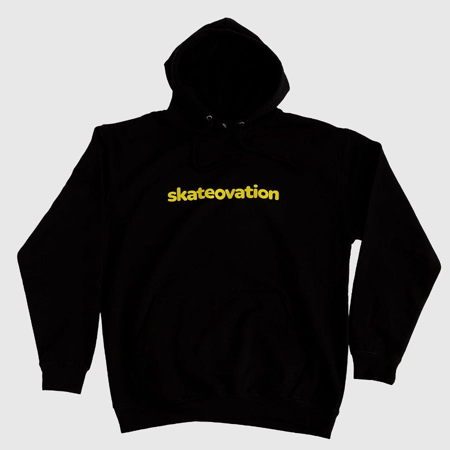 Skateovation hoodie core in black with the skateovation texted in yellow on the chest.