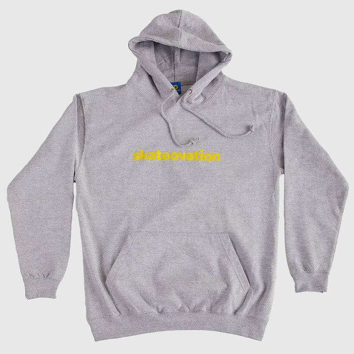 Skateovation hoodie core in heather grey with skateovation texted in yellow on the chest.