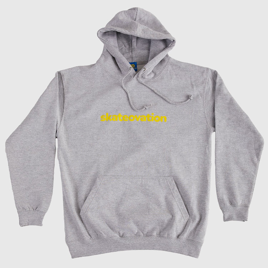 Skateovation hoodie core in heather grey with skateovation texted in yellow on the chest.