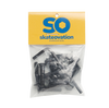 Skateovation hardware set for skateboards contains 8 bolts, 8 nuts, one allen key in black. Comes in a small transparent bag with yellow and blue Skateovation SO logo.