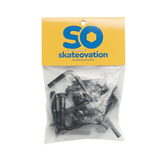 Skateovation hardware set for skateboards contains 8 bolts, 8 nuts, one allen key in black. Comes in a small transparent bag with yellow and blue Skateovation SO logo.