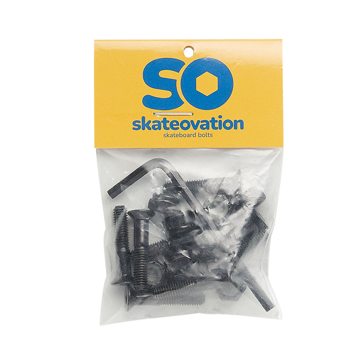 Skateovation hardware set for skateboards contains 8 bolts, 8 nuts, one allen key in black. Comes in a small transparent bag with yellow and blue Skateovation SO logo.