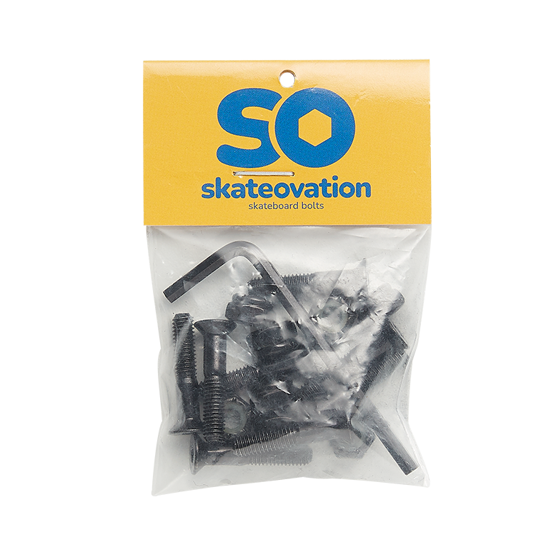 Skateovation hardware set for skateboards contains 8 bolts, 8 nuts, one allen key in black. Comes in a small transparent bag with yellow and blue Skateovation SO logo.