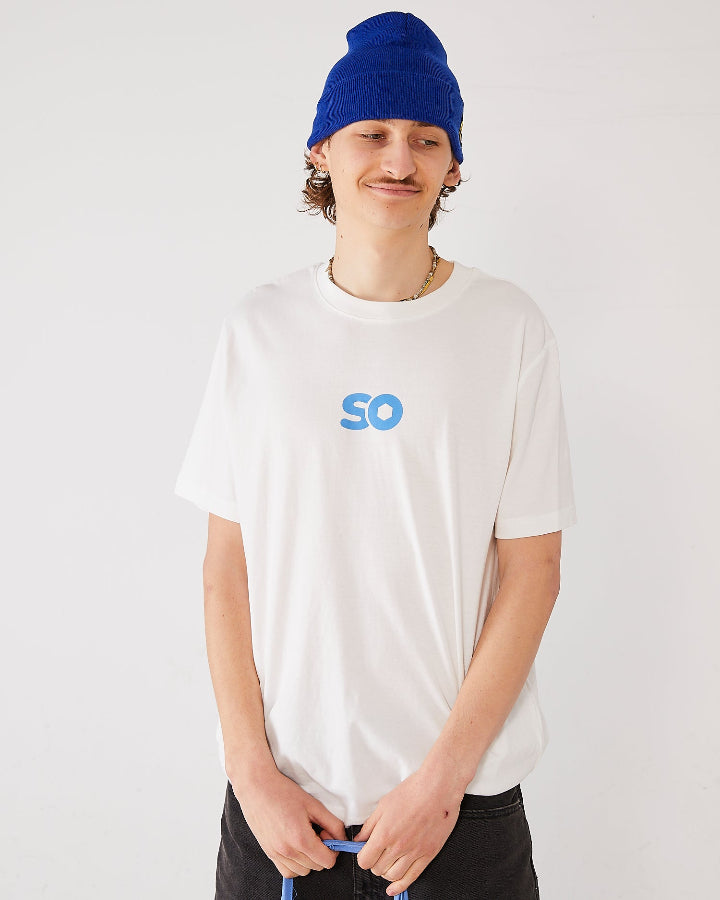 Skater wearing an off-white Skateovation T-shirt SO Honeycomb with a blue SO logo on the chest, and a royal blue SO cuffed beanie.