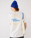 Skater wearing  Skateovation SO Honeycomb T-shirt off-white with a yellow honeycomb on the back, and a royal blue SO cuffed beanie.