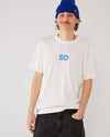 Skater wearing an off-white Skateovation T-shirt SO Honeycomb with a blue SO logo on the chest and a royal blue SO cuffed beanie.