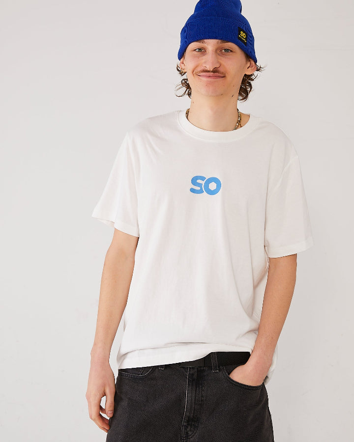 Skater wearing an off-white Skateovation T-shirt SO Honeycomb with a blue SO logo on the chest and a royal blue SO cuffed beanie.