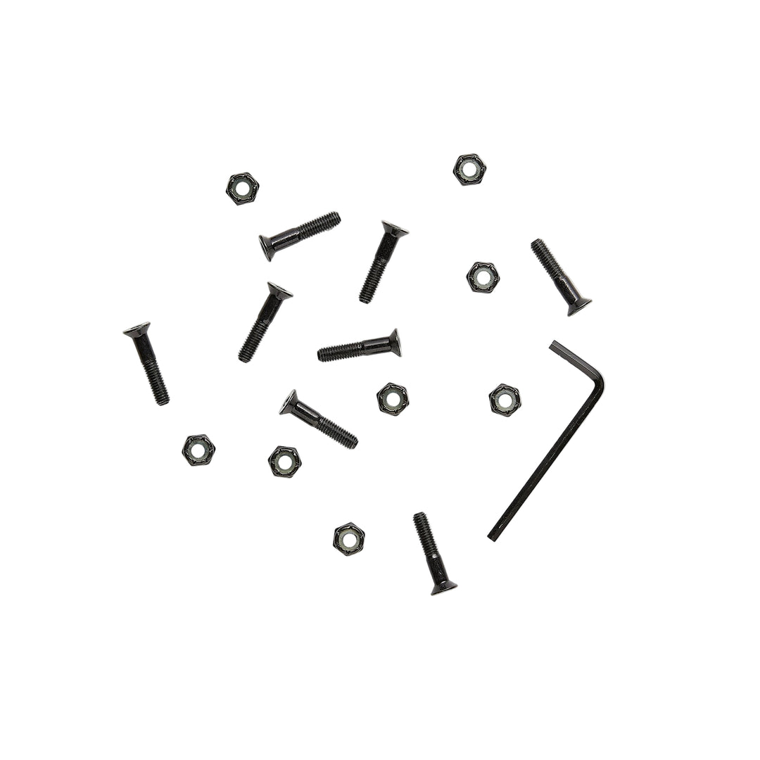 Skateovation hardware set contains 8 skateboard bolts, 8 nuts and 1 allen key in stainless steel.