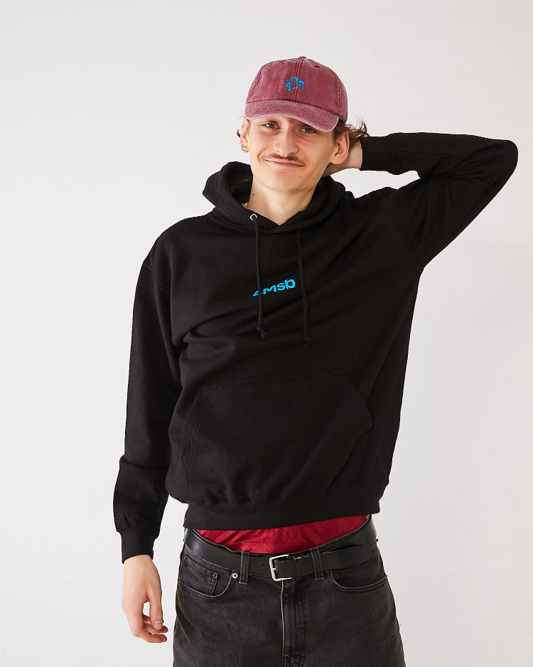 Skater wearing 4Msb dad cap dala horse in vintage red and 4Msb hoodie in black with dala horse motive in blue on the back.