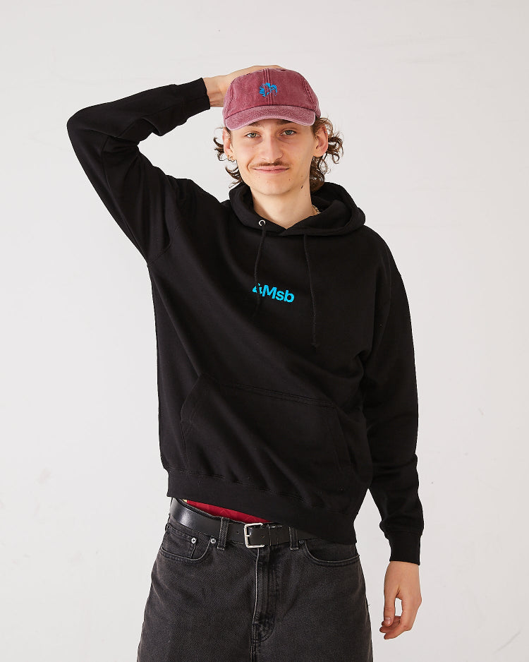 Skater wearing 4Msb dad cap dala horse in vintage red and 4Msb hoodie in black with dala horse motive in blue on the back.