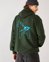 Skater wearing 4Msb fisherman beanie and 4Msb hoodie in the color forest green with a dala horse in blue on the back.