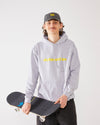 Skater wearing SO dad cap vintage black and a skateovation hoodie in color heather grey. Holding a skateboard  with 4Msb griptape and wheels.