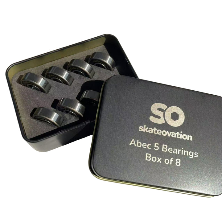 Skateovation skateboard Bearings SO Abec5 set of 8 in a beautiful tin box.