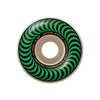 A single skateboard wheel with a green and black spiral pattern and gold text reading '101 DURO - 52 MM - SPITFIRE WHEELS - FORMULA FOUR PERFORMANCE URETIAN'.