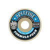 A single Spitfire Formula Four skateboard wheel on a solid white background. The wheel features a black, blue, and white printed graphic label showing the Spitfire logo, a grinning mascot, and product specifications.
