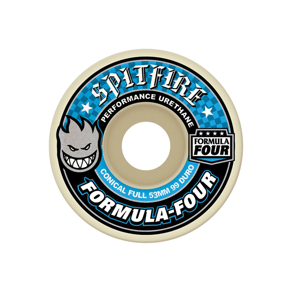 A single Spitfire Formula Four skateboard wheel on a solid white background. The wheel features a black, blue, and white printed graphic label showing the Spitfire logo, a grinning mascot, and product specifications.