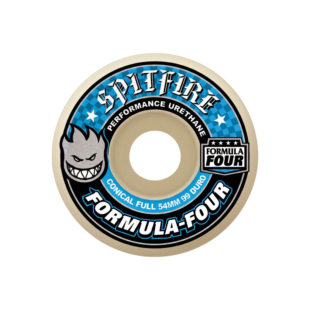 A single Spitfire Formula Four skateboard wheel on a plain white background. The wheel features a blue, black, and white printed label showing the Spitfire logo and mascot, and product specifications. 54mm, 99A hardness.
