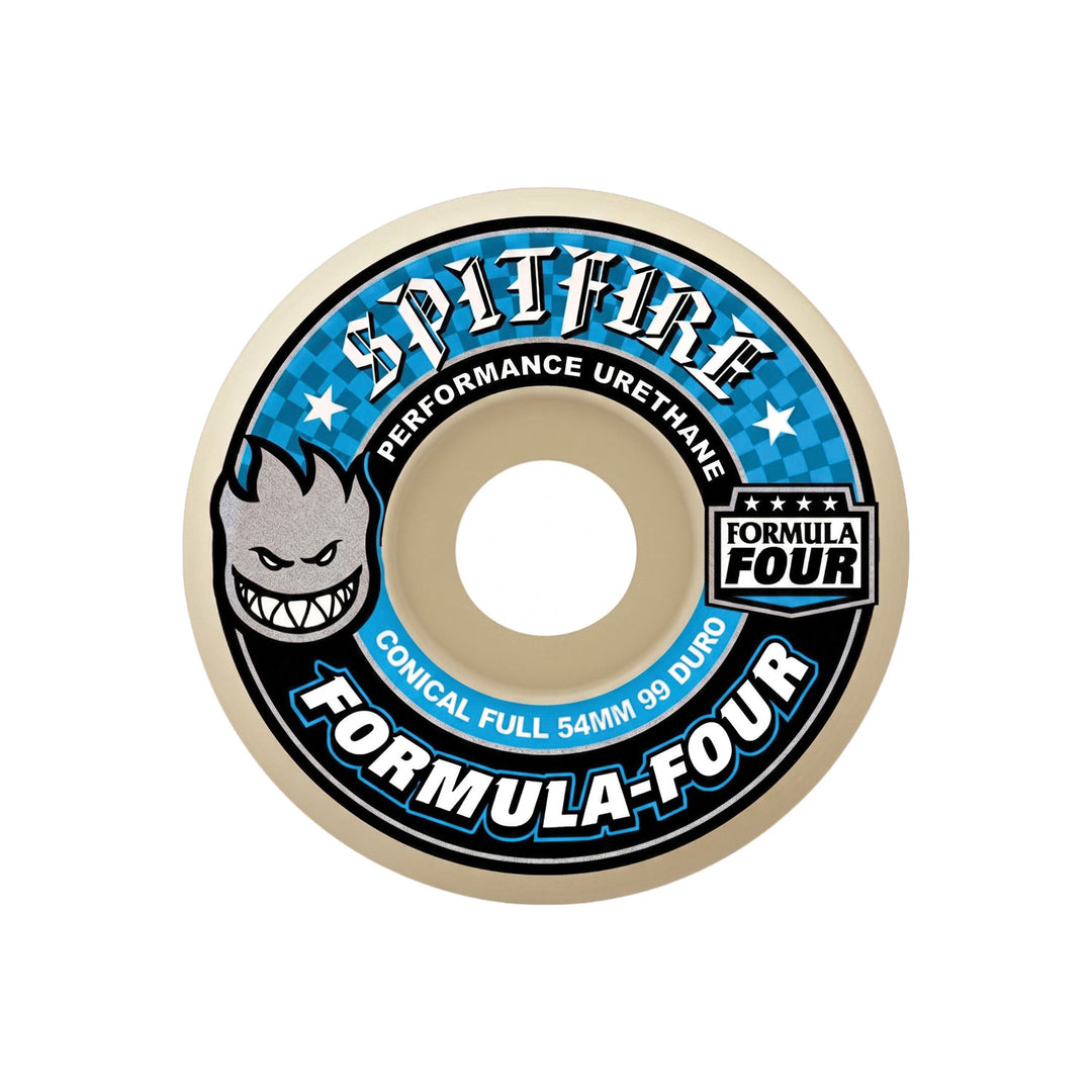 A single Spitfire Formula Four skateboard wheel on a plain white background. The wheel features a blue, black, and white printed label showing the Spitfire logo and mascot, and product specifications. 54mm, 99A hardness.