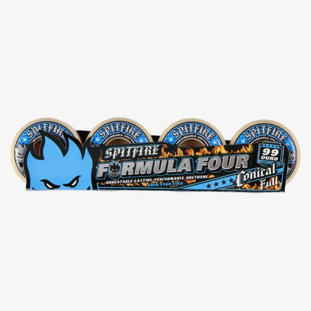 A pack of Spitfire Formula Four skateboard wheels with a blue and black graphic card backing, featuring the Conical Full 99 duro model.