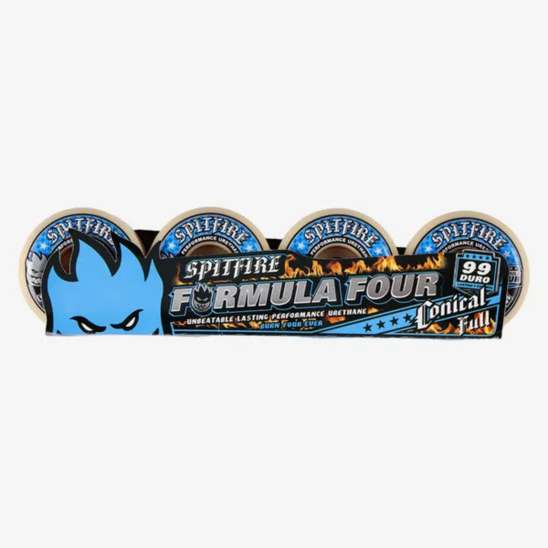 A pack of Spitfire Formula Four skateboard wheels with a blue and black graphic card backing, featuring the Conical Full 99 duro model.