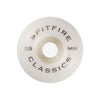 A single Spitfire Classics skateboard wheel, inner-print in white, featuring  printed text reading 'SPITFIRE', 'CLASSICS', '53 MM' on a solid white background.