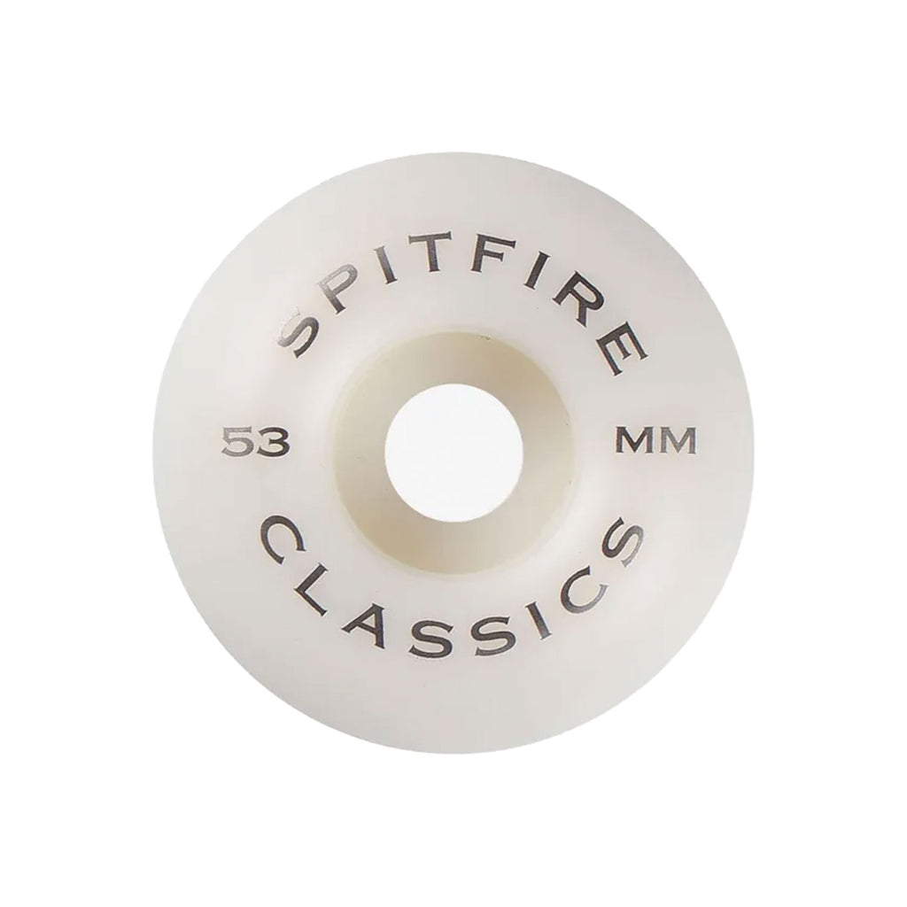 A single Spitfire Classics skateboard wheel, inner-print in white, featuring  printed text reading 'SPITFIRE', 'CLASSICS', '53 MM' on a solid white background.