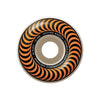 A single spitfire formula four skateboard wheel with a black and orange spiral stripe pattern, featuring white text that reads '99 DURO - 53 MM - SPITFIRE WHEELS - FORMULA FOUR PERFORMANCE URETIAN'.