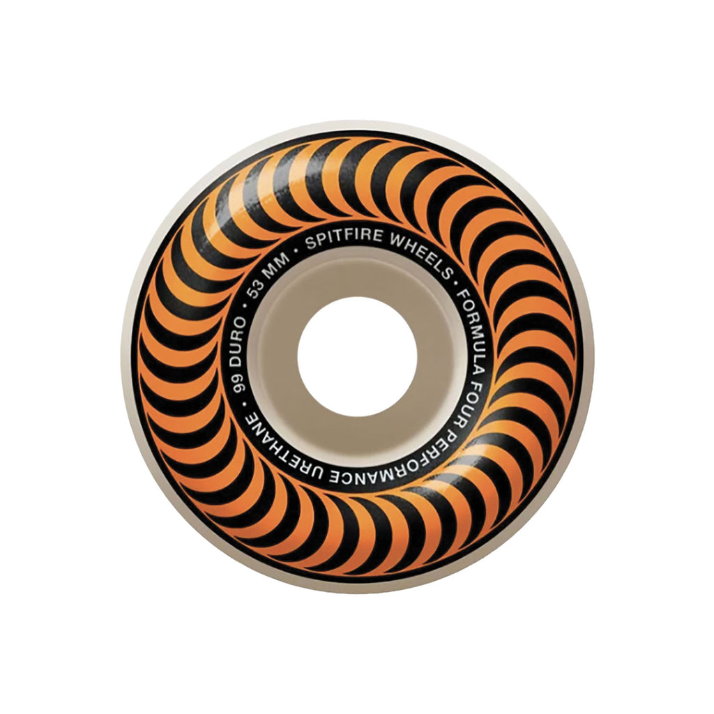 A single spitfire formula four skateboard wheel with a black and orange spiral stripe pattern, featuring white text that reads '99 DURO - 53 MM - SPITFIRE WHEELS - FORMULA FOUR PERFORMANCE URETIAN'.