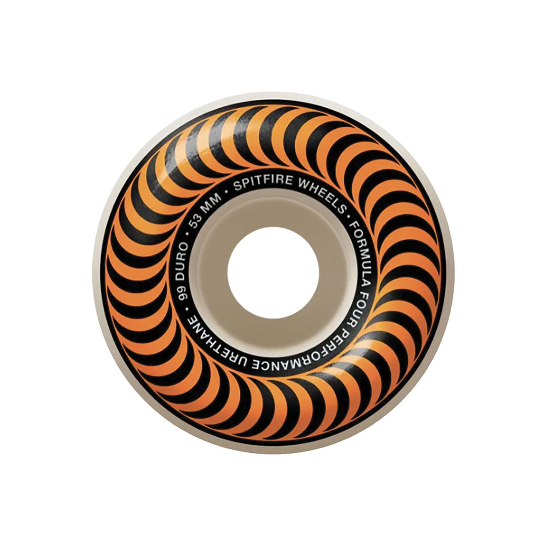 A single spitfire formula four skateboard wheel with a black and orange spiral stripe pattern, featuring white text that reads '99 DURO - 53 MM - SPITFIRE WHEELS - FORMULA FOUR PERFORMANCE URETIAN'.